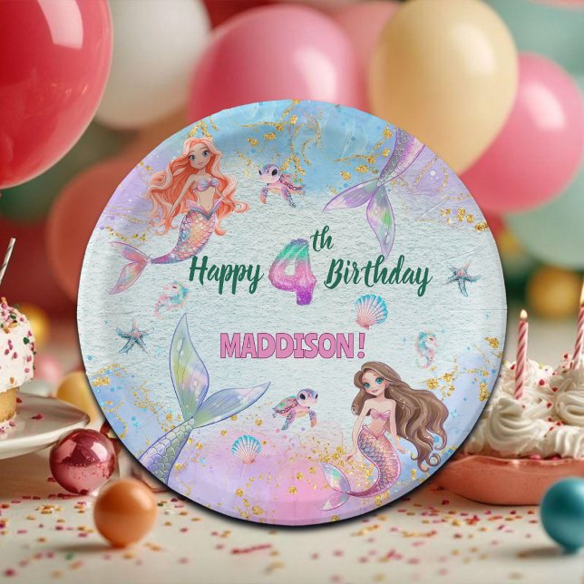 Prato De Papel Pink Purple Glitter Mermaids 4th Birthday Party (Criador carregado)