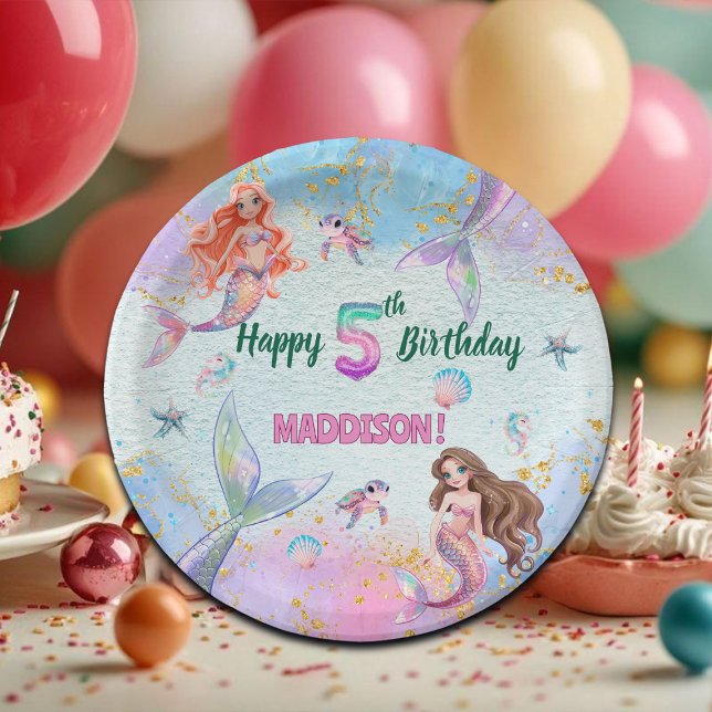 Prato De Papel Pink Purple Glitter Mermaids 5th Birthday Party (Criador carregado)