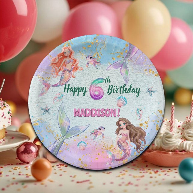 Prato De Papel Pink Purple Glitter Mermaids 6th Birthday Party (Criador carregado)
