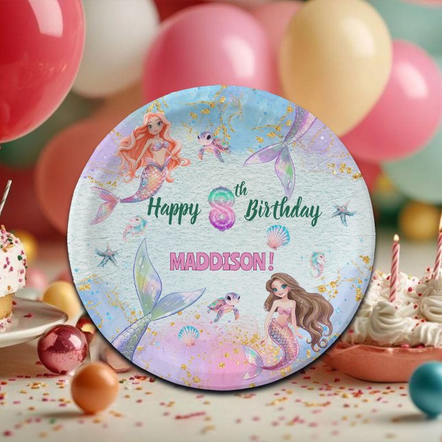 Prato De Papel Pink Purple Glitter Mermaids 8th Birthday Party (Criador carregado)