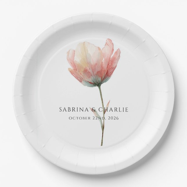 Prato De Papel Pink Purple Tulip Elegant Floral Wedding  (Frente)