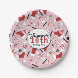 Prato De Papel Pink Retro Christmas Peppermint Birthday