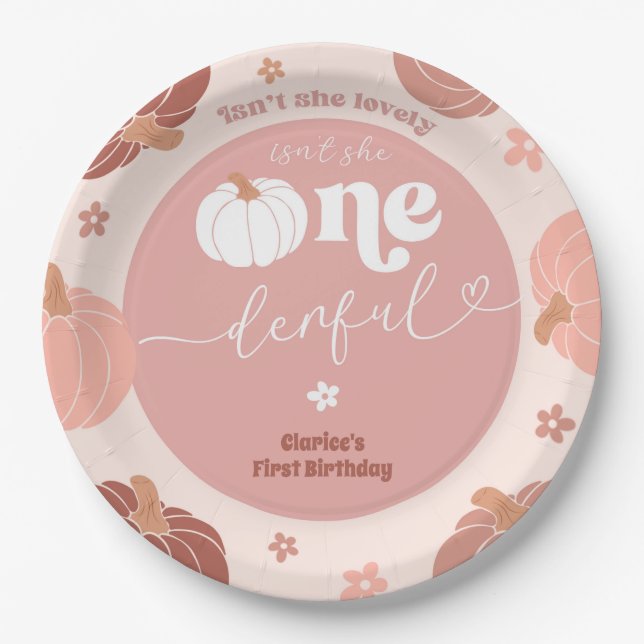 Prato De Papel Pink Retro Pumpkin First Birthday Paper Plate (Frente)