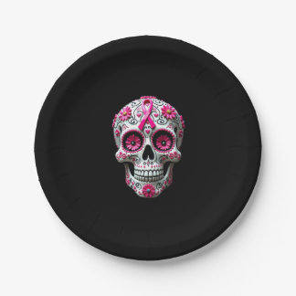 Prato De Papel Pink Ribbon Sugar Skull Calavera Breast Cancer Awa