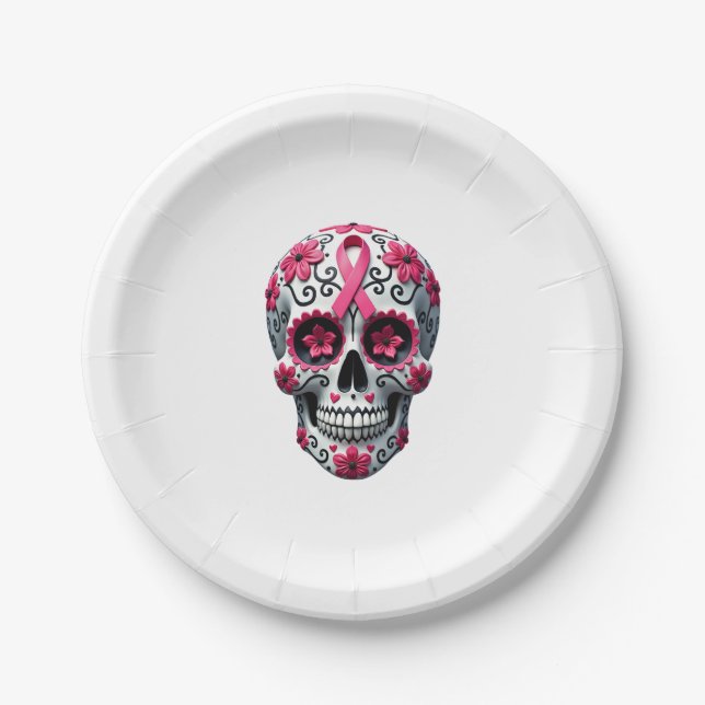 Prato De Papel Pink Ribbon Sugar Skull Calavera Breast Cancer Awa (Frente)