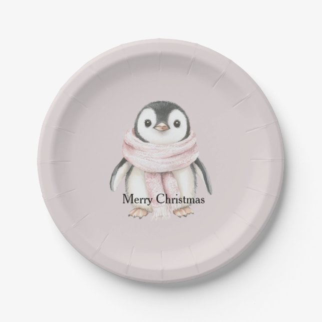 Prato De Papel Pink Scarf Penguin Christmas (Frente)
