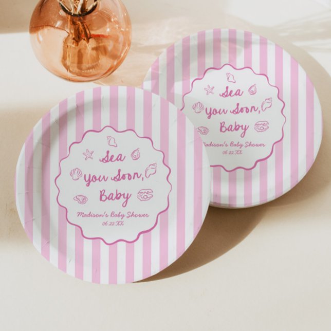 Prato De Papel Pink Sea You Soon Baby Coastal Baby Shower (Criador carregado)
