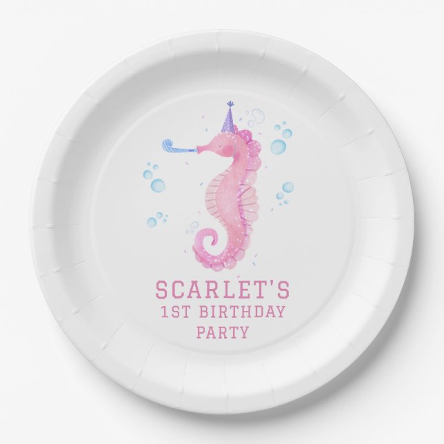 Prato De Papel Pink Seahorse 1st birthday (Frente)