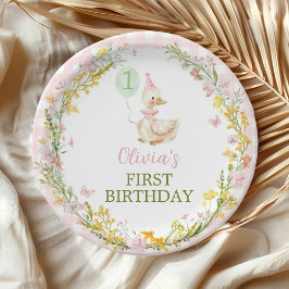Prato De Papel Pink Silly Goose Floral Girl Birthday Paper Plates
