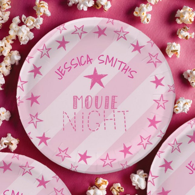 Prato De Papel Pink Stars Movie Night Party Plates (Criador carregado)