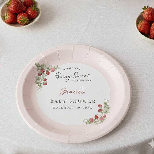 Prato De Papel Pink Strawberry Baby Shower (Berry Sweet Baby Shower Paper Plate)