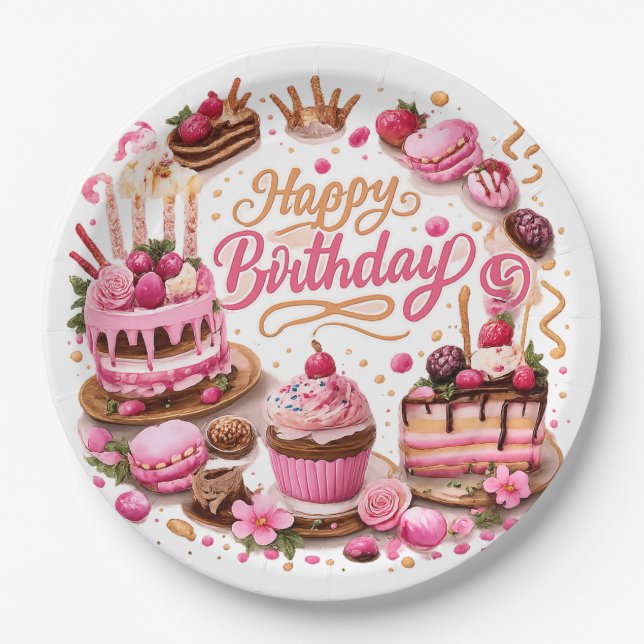 Prato De Papel Pink Sweet Dessert Birthday Party Paper Plates (Frente)