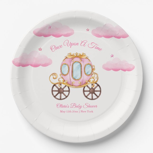 Prato De Papel Pink Sweet Fairy Princess Carriage Baby Shower  (Frente)