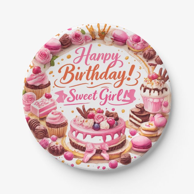 Prato De Papel Pink Sweet Girl Birthday Party Paper Plates (Frente)