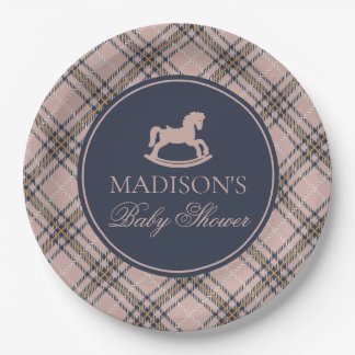 Prato De Papel Pink Tartan Plaid Rocking Horse Baby Shower