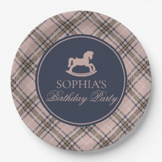 Prato De Papel Pink Tartan Plaid Rocking Horse Birthday Party