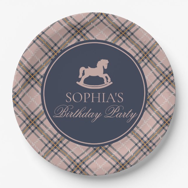Prato De Papel Pink Tartan Plaid Rocking Horse Birthday Party (Frente)