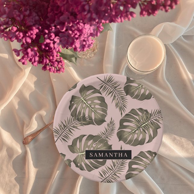 Prato De Papel Pink Tropical e Palm Dourado deixa padrão e nome (Criador carregado)