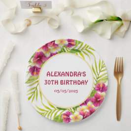 Prato De Papel Pink Tropical Luau Floral Birthday Party