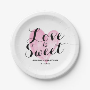 Prato De Papel Pink Watercolor Heart Love is Sweet Paper Plate