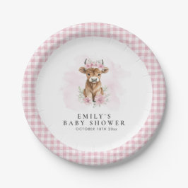 Prato De Papel Pink Watercolor Highland Cow Girl Baby Shower