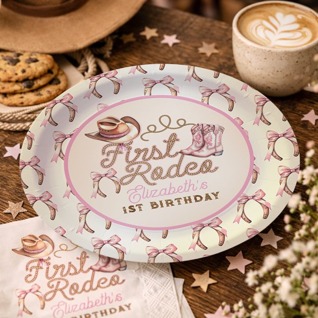 Prato De Papel Pink Western First Rodeo Birthday (Pink Western First Rodeo Birthday Paper Plates)