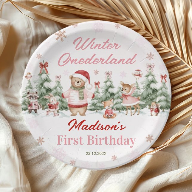 Prato De Papel Pink Winter Onederland Forest Girl Birthday (Criador carregado)