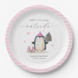 Prato De Papel Pink Winter Woodland Skate Penguin Baby Shower