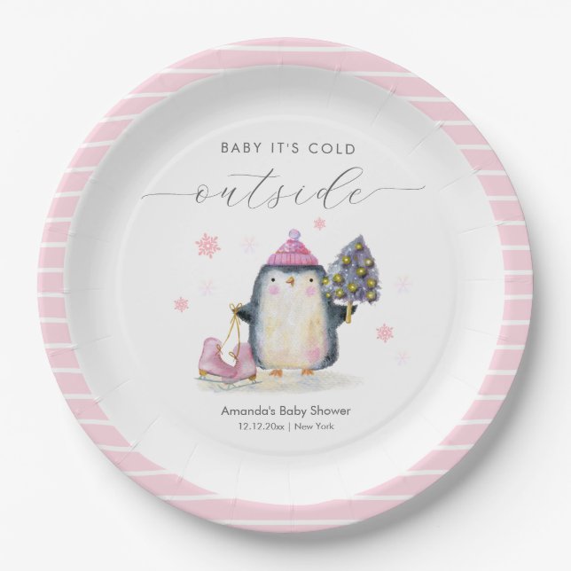 Prato De Papel Pink Winter Woodland Skate Penguin Baby Shower  (Frente)