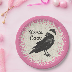 Prato De Papel Pinkmas Corvo Papai Noel Rosa Preto e Marfim Natal