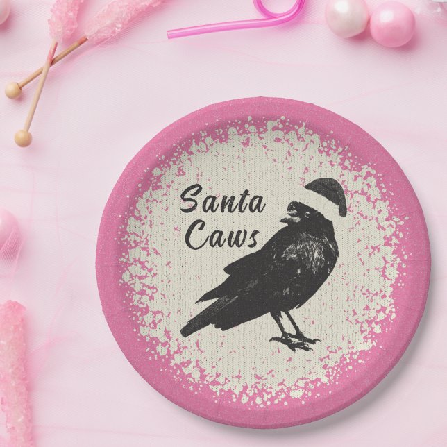 Prato De Papel Pinkmas Crow Santa Pink Black and Ivory Christmas (Fun pink, ivory, and black "Santa Caws" plates are great for your holiday time or Pinkmas party. )