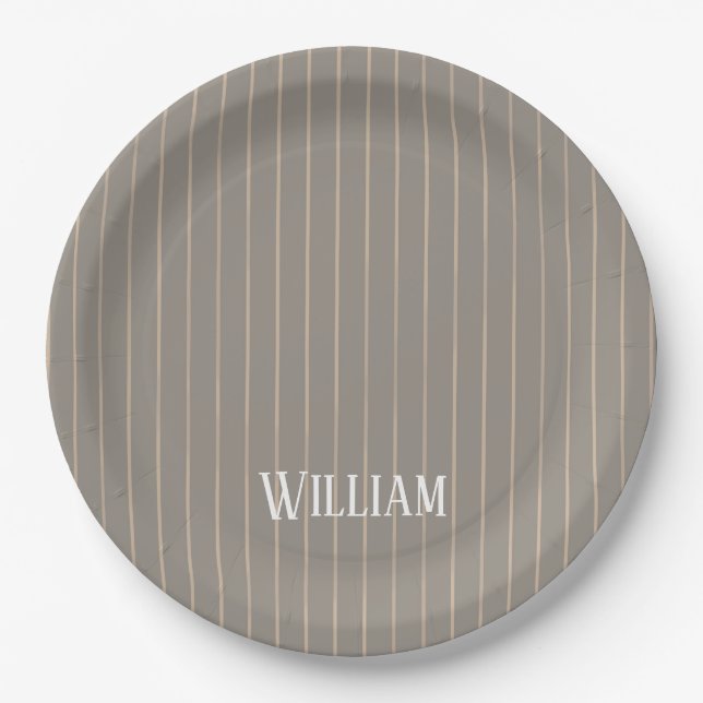 Prato De Papel Pinstripes bege personalizado (Frente)