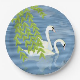 Prato De Papel Pintando o par de Cisnes Azuis e Verdes no lago