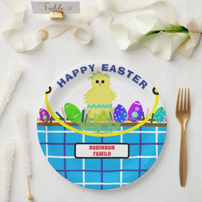 Prato De Papel Pintinho Amarelo Cesto de Páscoa Branco Azul (Casamento)