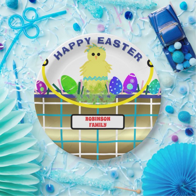 Prato De Papel Pintinho Amarelo Cesto de Páscoas Douradas Azul (Festa)