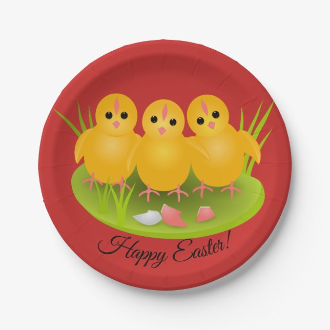 Prato De Papel pintinhos amarelos felzs pascoa de grama verde (Frente)