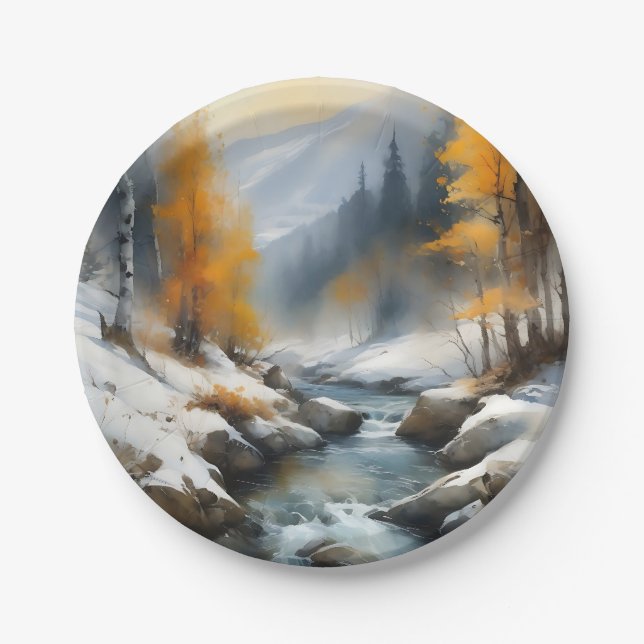 Prato De Papel Pintor da paisagem fluvial serene snowy (Frente)