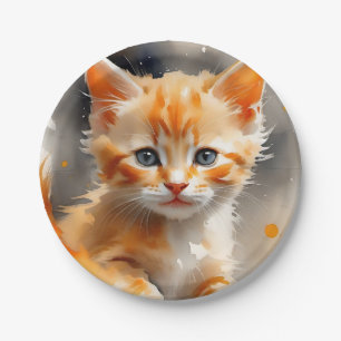 Prato De Papel Pintura aquosa de um gato laranja giro