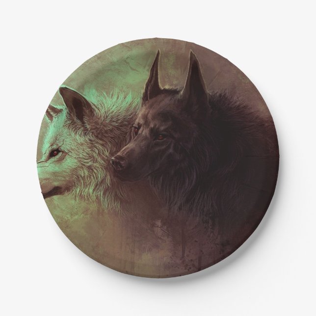 Prato De Papel Pintura de lobo negro e lobo branco. (Frente)