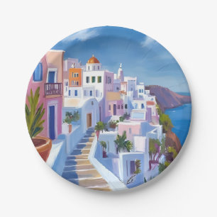 Prato De Papel Pintura de Santorini Grécia Aquarela Viagem