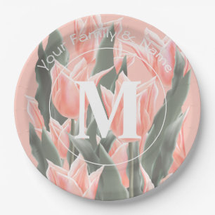 Prato De Papel Pintura de Tulipas Monogramas Peach da Família El