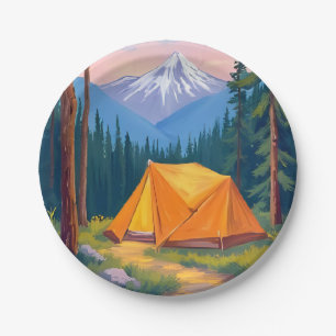 Prato De Papel Pintura em Aquarela da Montanha de Camping