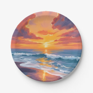 Prato De Papel Pintura em Aquarela do Pôr do Sol na Praia Oceano