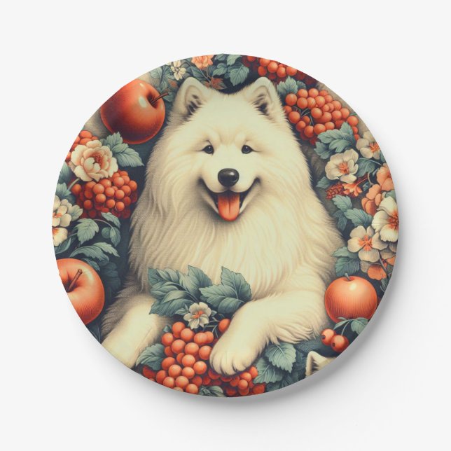 Prato De Papel Pintura Floral Cute Samoyed (Frente)