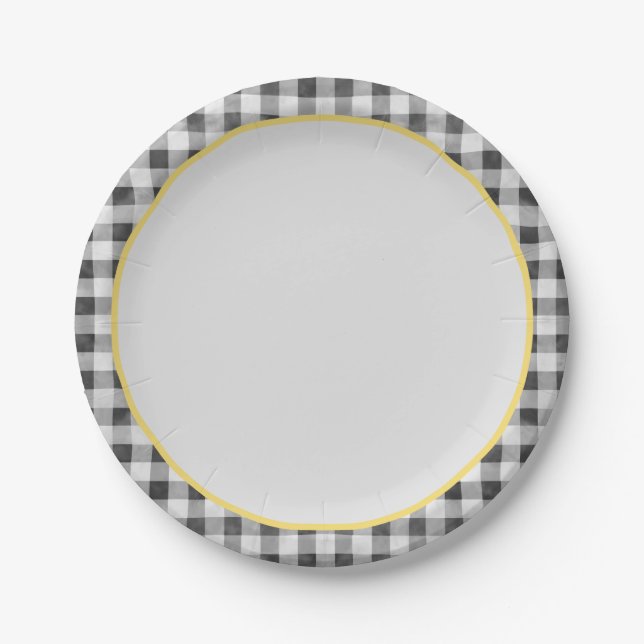 Prato De Papel Piquenique de Verão Gingham Amarelo Negro (Frente)