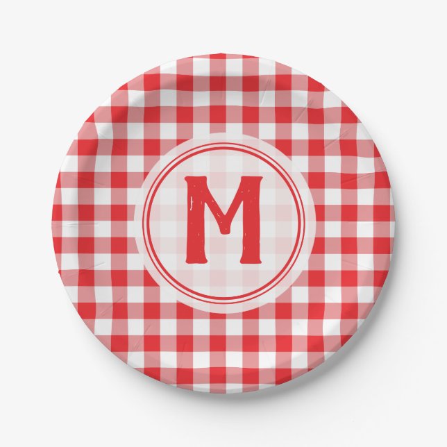 Prato De Papel Piquenique Rustic Red Gingham Family Monograma (Frente)