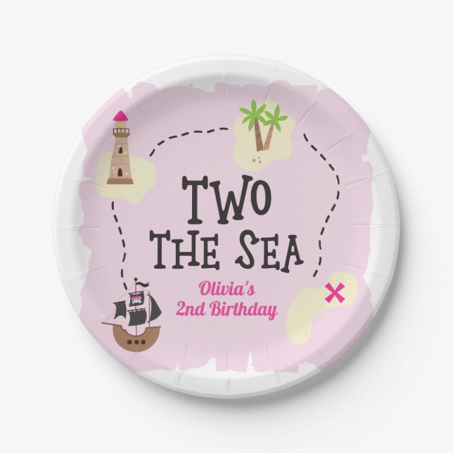 Prato De Papel Pirata Mapa Dois no Mar Rosa, Aniversário (Frente)