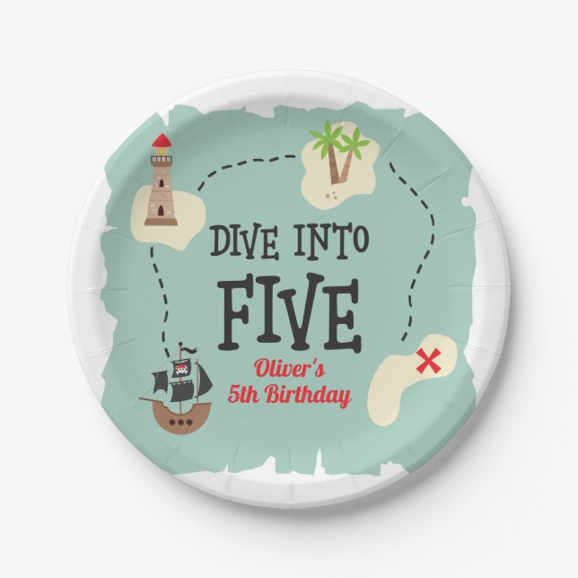 Prato De Papel Pirata Mergulha no Aniversário de Cinco 5 (Frente)