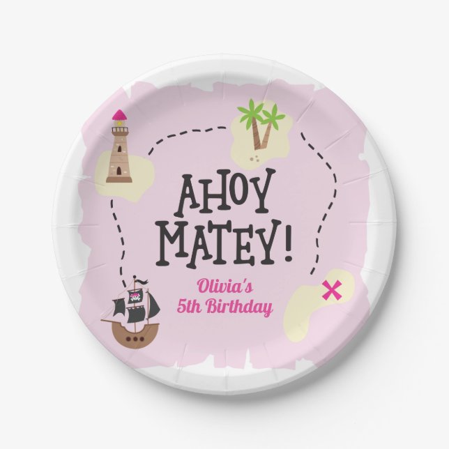 Prato De Papel Pirate Map Pink Aniversário (Frente)
