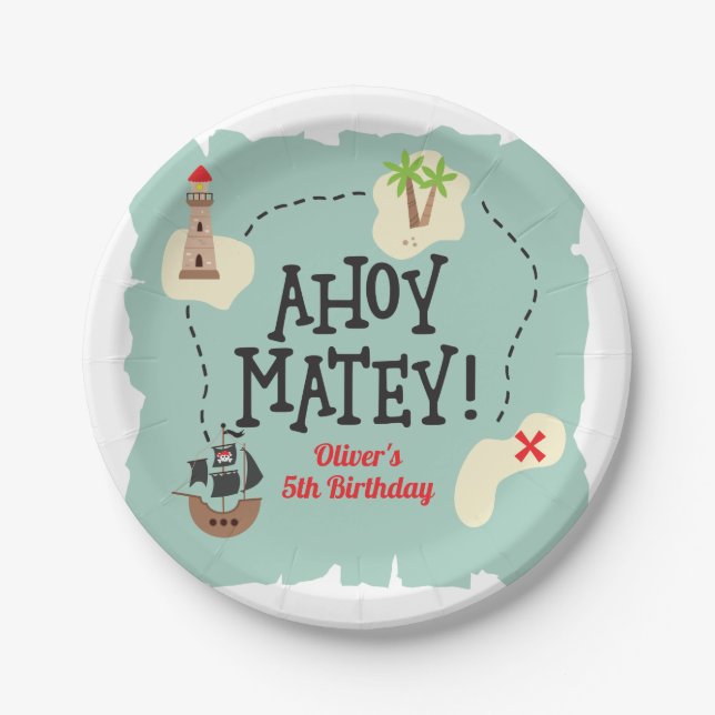Prato De Papel Pirate Treasure Map Birthday (Frente)